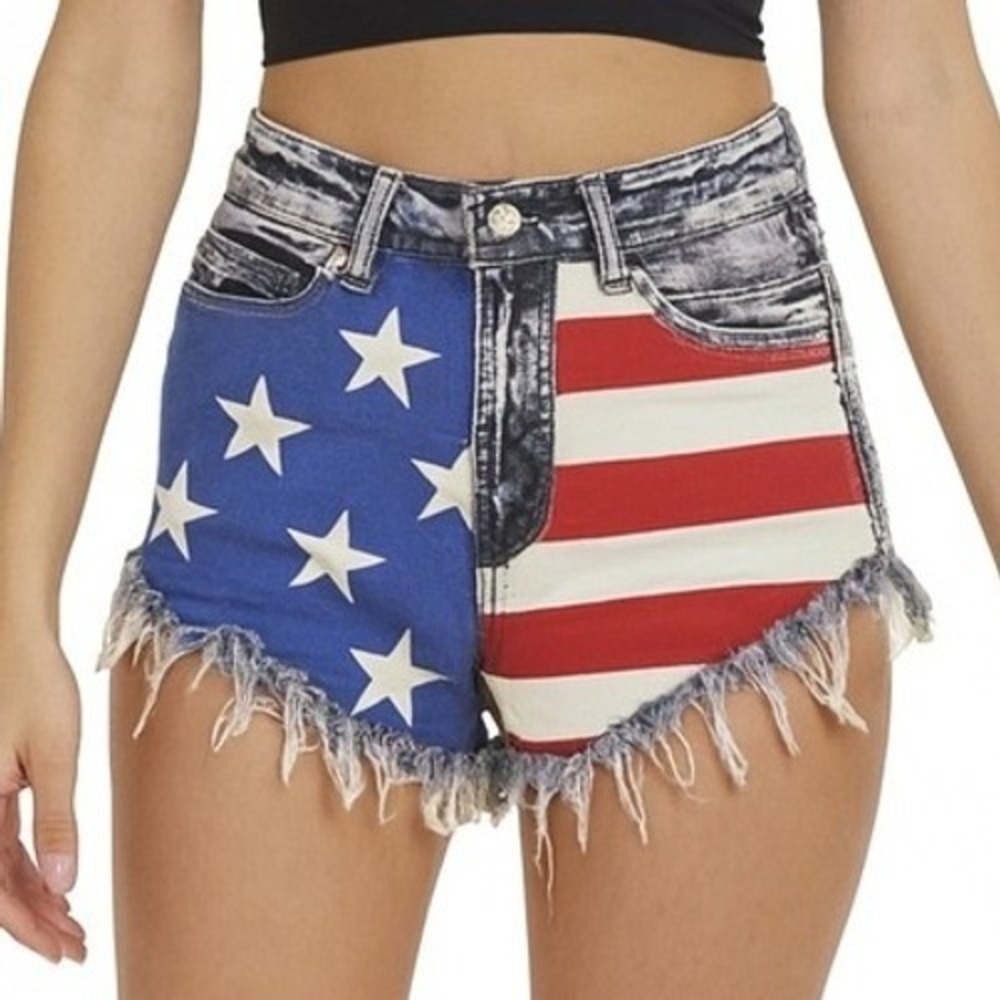 GIG Denim Womens American Flag Frayed Hem Acid‎ Wash Jean Shorts Medium New USA